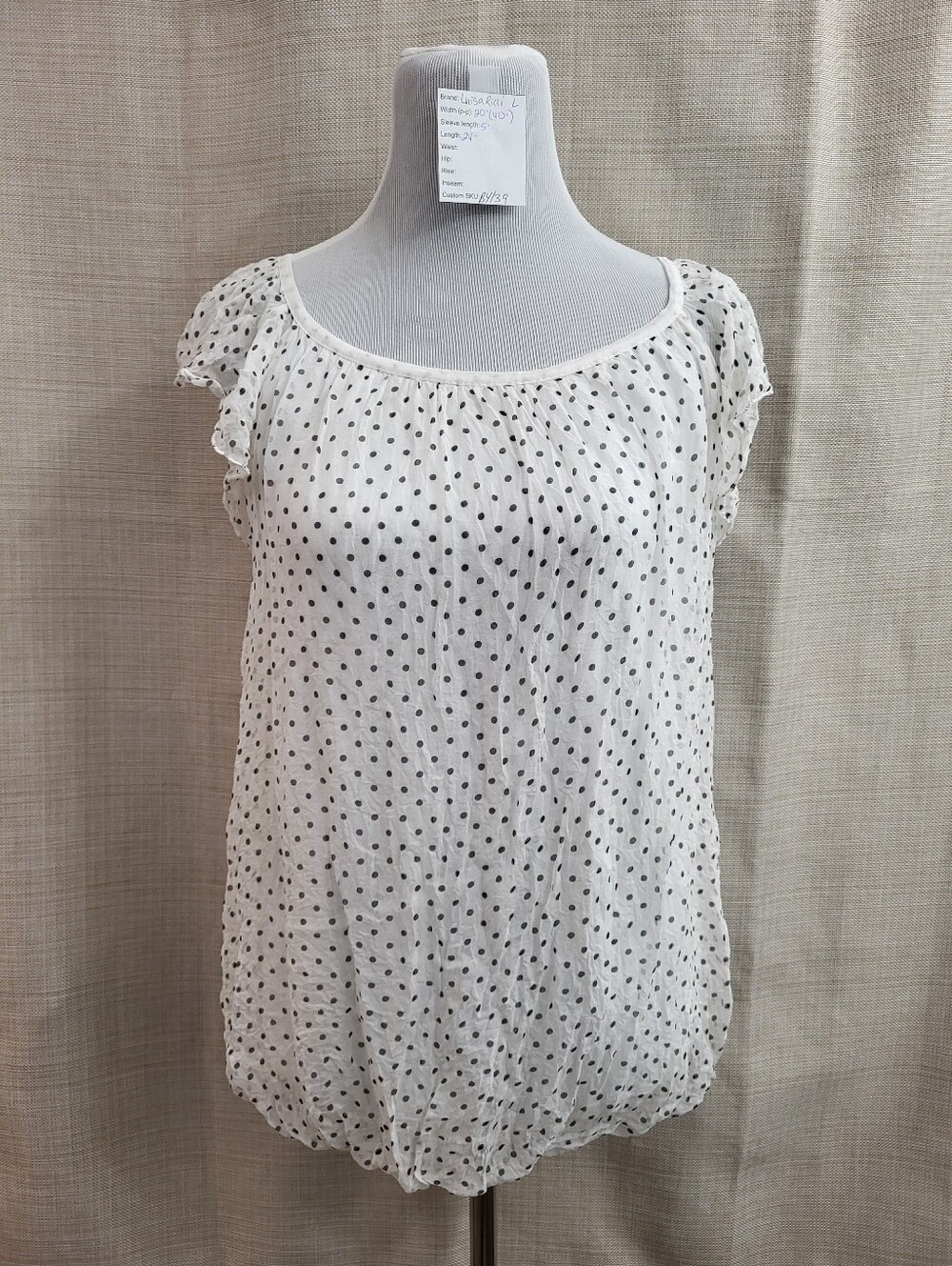 Luisa Ricci Women's Silk Blouse Top White‎ Black Polka Dot Ruffle Sleeve Size L